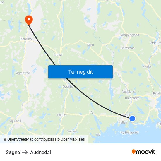 Søgne to Audnedal map