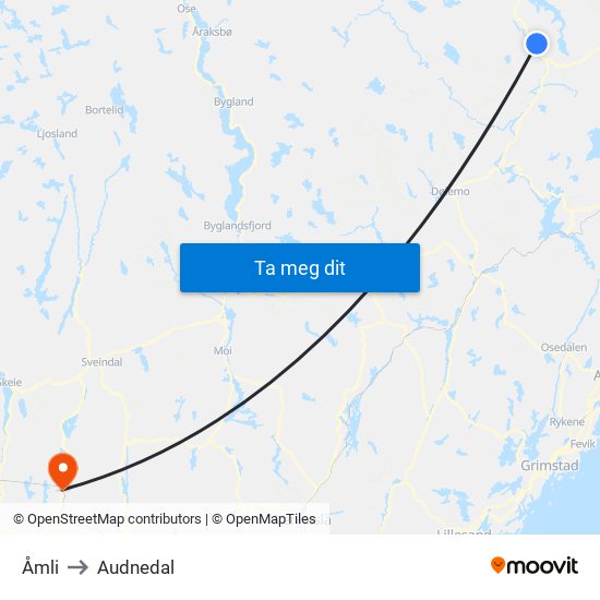 Åmli to Audnedal map