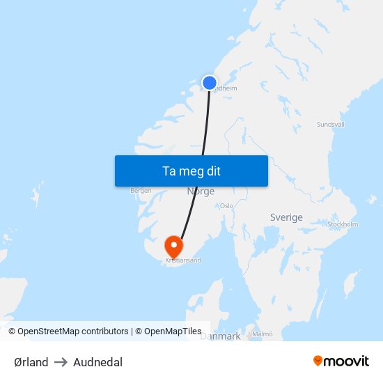 Ørland to Audnedal map