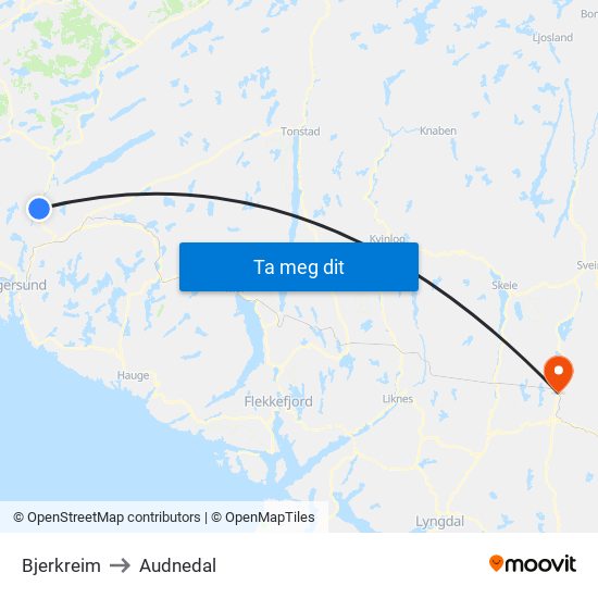 Bjerkreim to Audnedal map