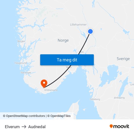 Elverum to Audnedal map