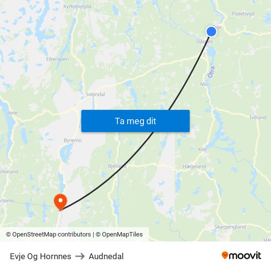 Evje Og Hornnes to Audnedal map