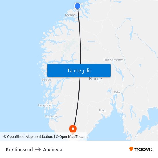 Kristiansund to Audnedal map