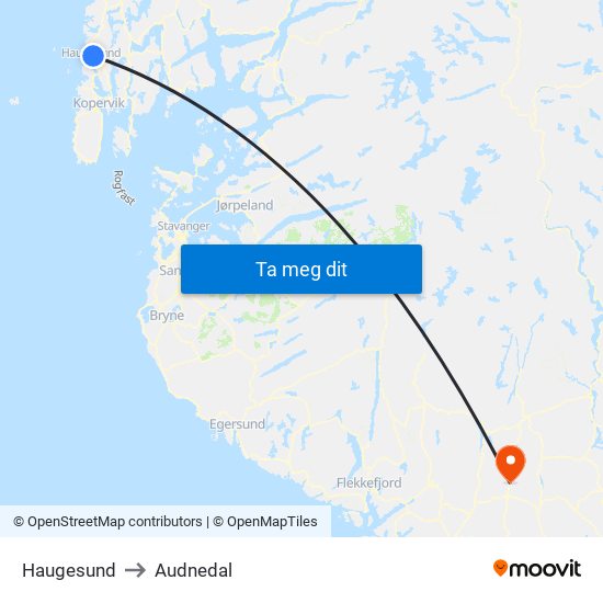 Haugesund to Audnedal map