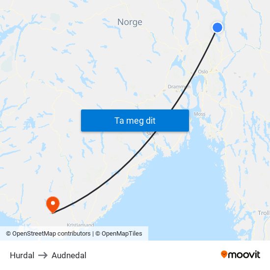 Hurdal to Audnedal map