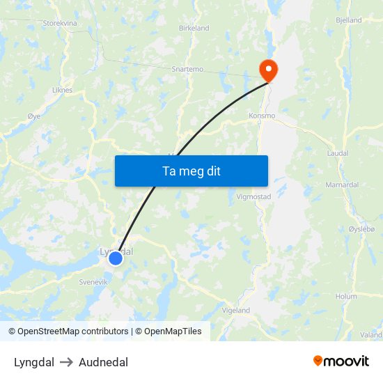 Lyngdal to Audnedal map
