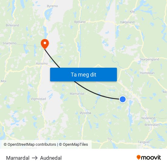 Marnardal to Audnedal map