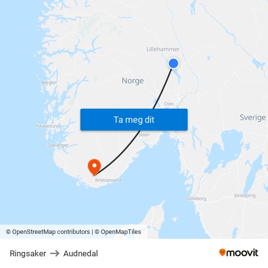 Ringsaker to Audnedal map