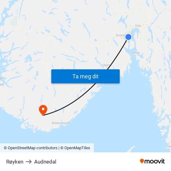 Røyken to Audnedal map