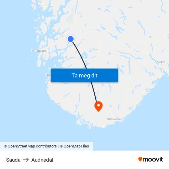 Sauda to Audnedal map