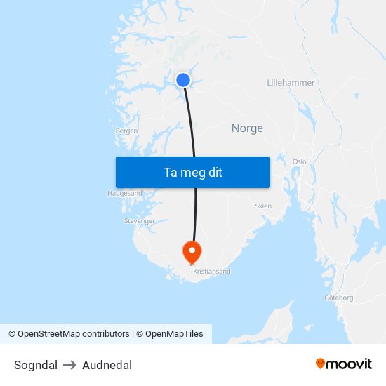 Sogndal to Audnedal map