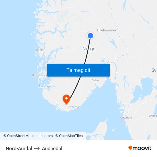 Nord-Aurdal to Audnedal map
