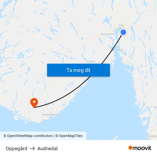 Oppegård to Audnedal map