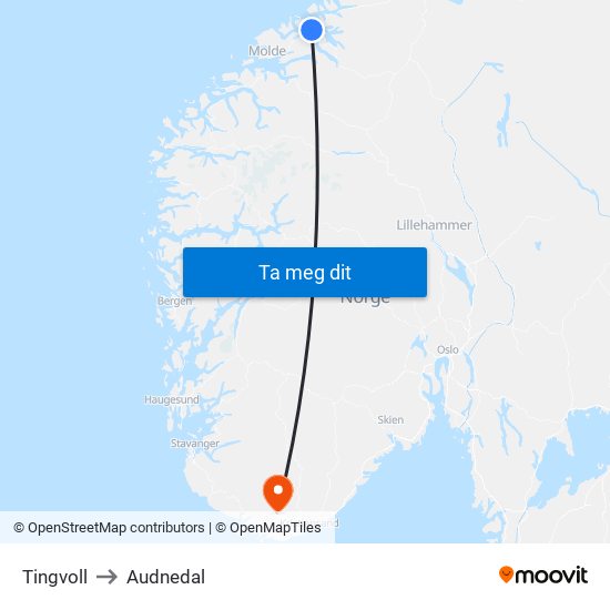 Tingvoll to Audnedal map