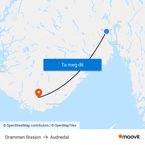 Drammen Stasjon to Audnedal map