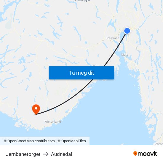 Jernbanetorget to Audnedal map