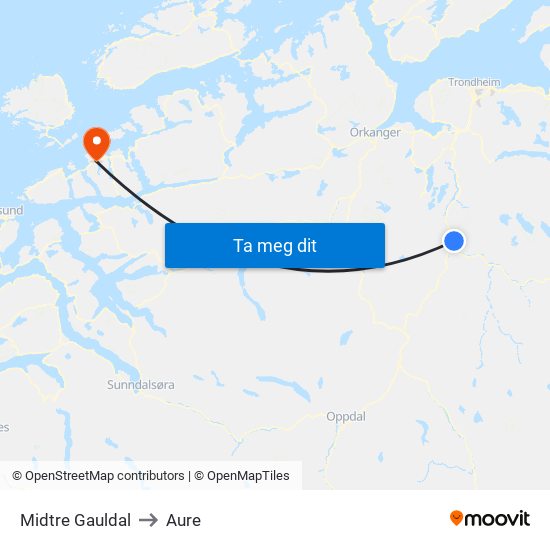 Midtre Gauldal to Aure map