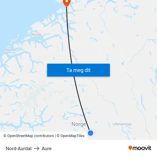 Nord-Aurdal to Aure map