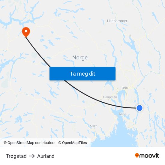 Trøgstad to Aurland map