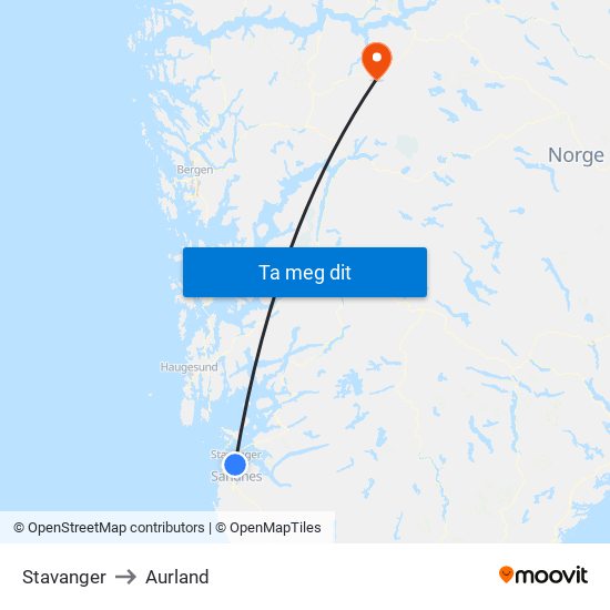 Stavanger to Aurland map
