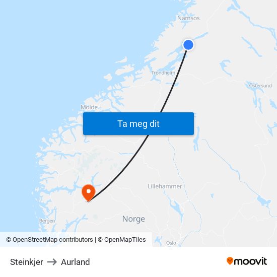 Steinkjer to Aurland map