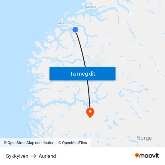 Sykkylven to Aurland map