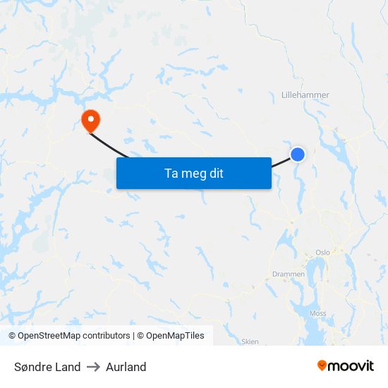 Søndre Land to Aurland map