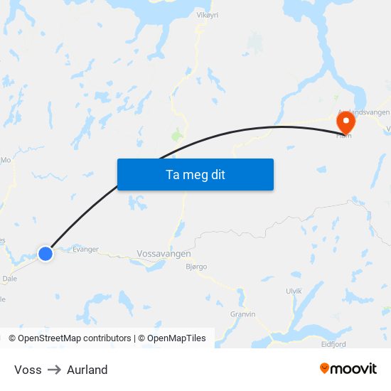 Voss to Aurland map