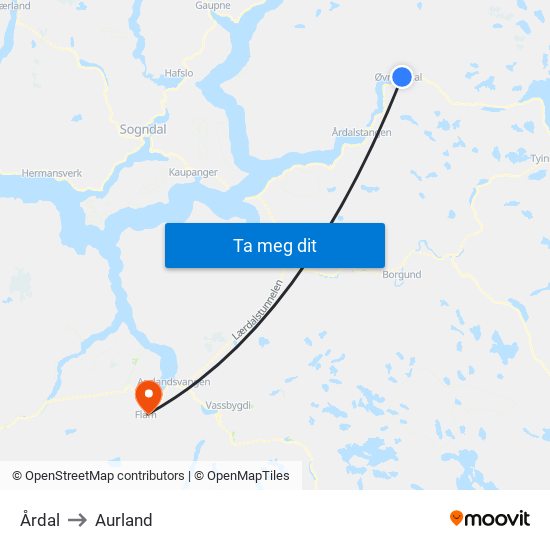 Årdal to Aurland map