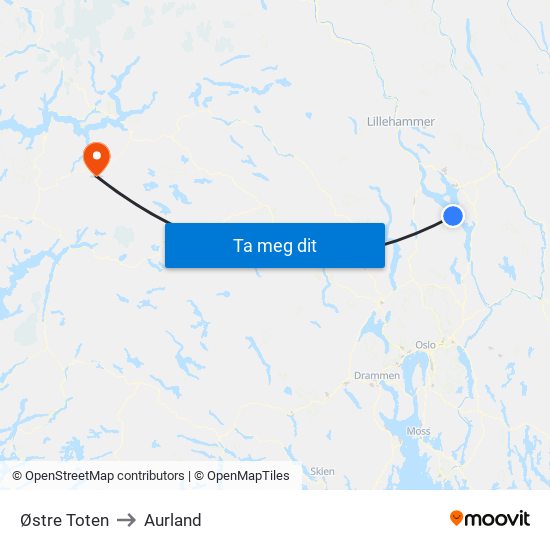 Østre Toten to Aurland map