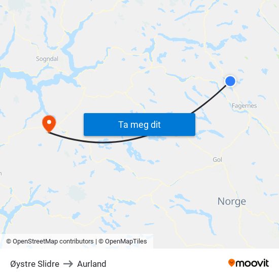 Øystre Slidre to Aurland map