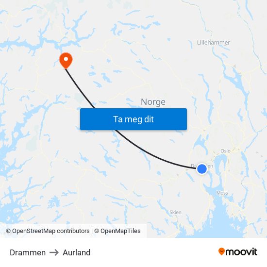 Drammen to Aurland map