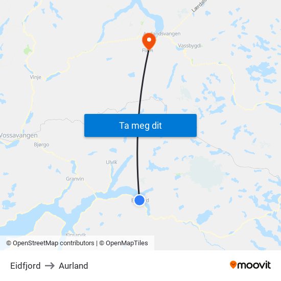 Eidfjord to Aurland map