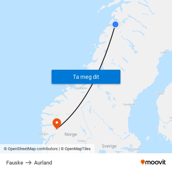 Fauske to Aurland map