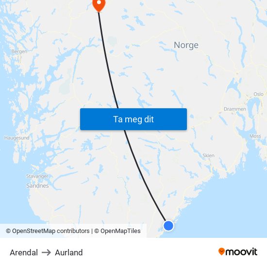 Arendal to Aurland map