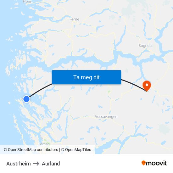 Austrheim to Aurland map