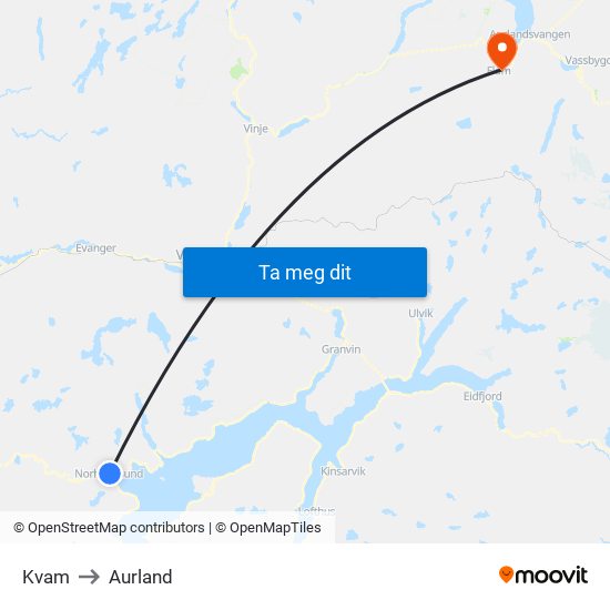 Kvam to Aurland map