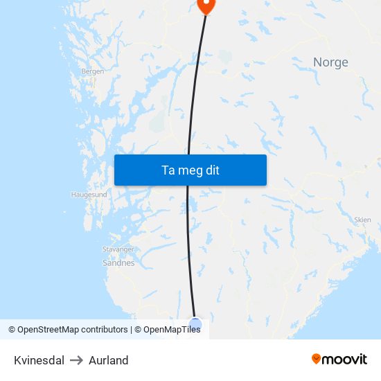 Kvinesdal to Aurland map