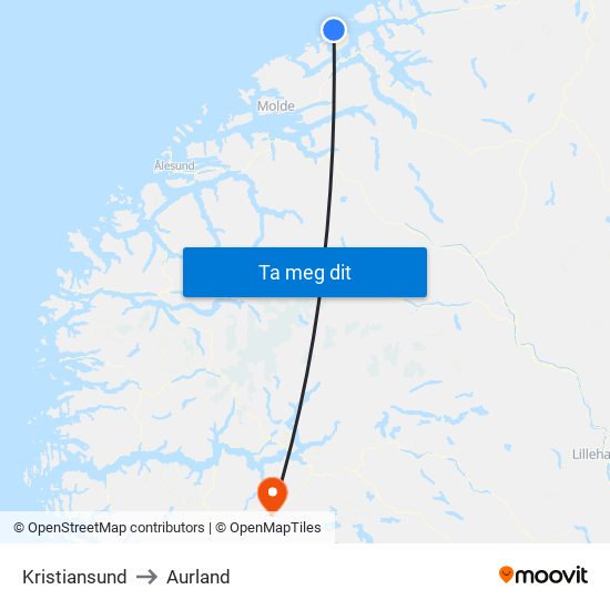 Kristiansund to Aurland map