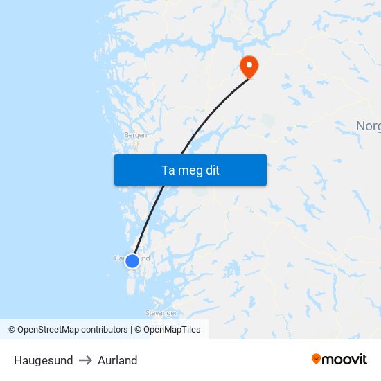 Haugesund to Aurland map