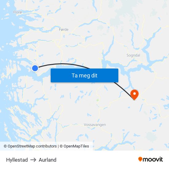 Hyllestad to Aurland map