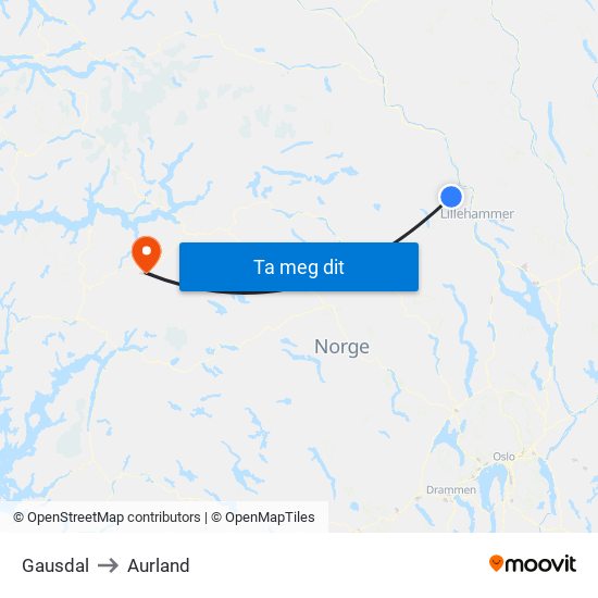 Gausdal to Aurland map