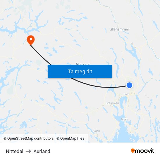 Nittedal to Aurland map