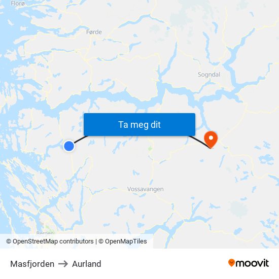 Masfjorden to Aurland map