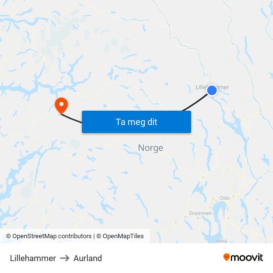 Lillehammer to Aurland map