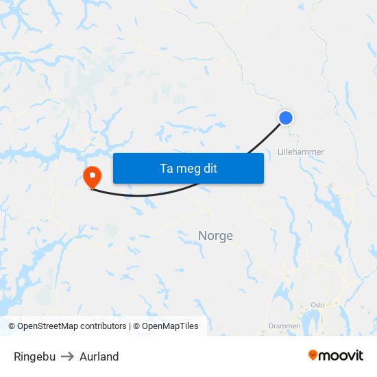 Ringebu to Aurland map