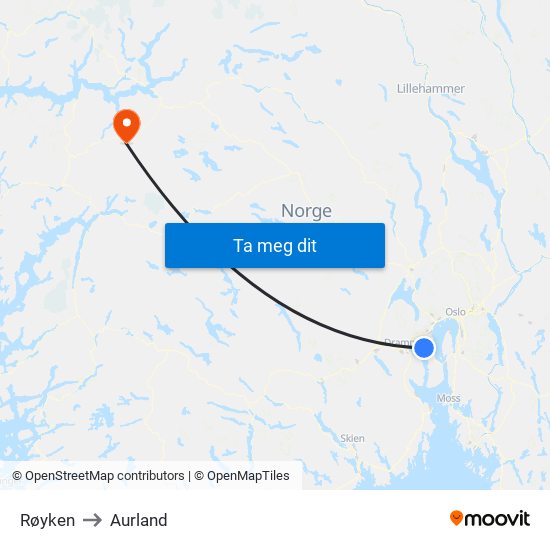 Røyken to Aurland map