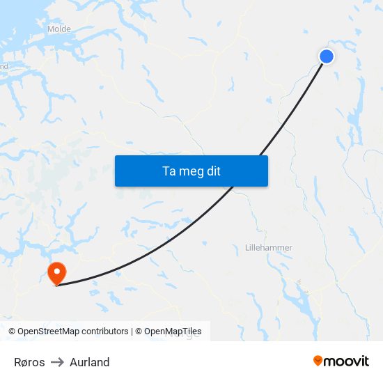 Røros to Aurland map