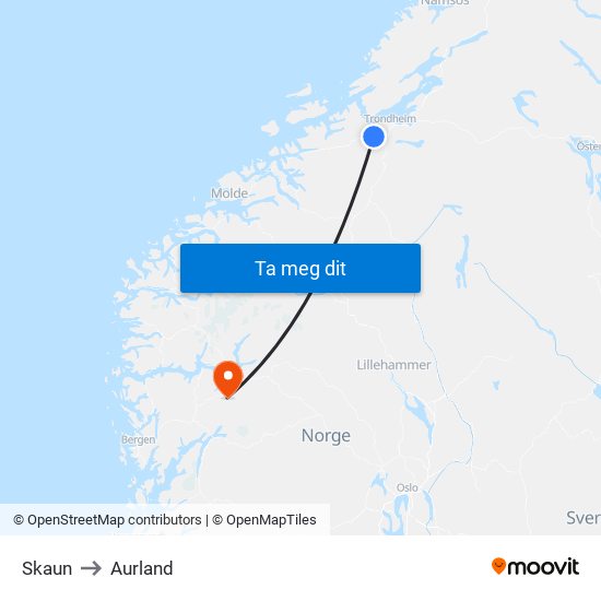 Skaun to Aurland map