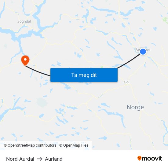 Nord-Aurdal to Aurland map